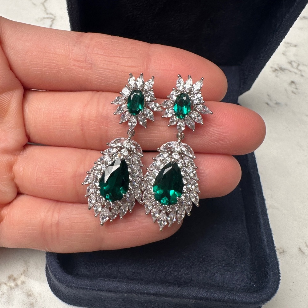 Vivid Green Pear Shape Lab Created Emeralds & CZ Fine Earrings